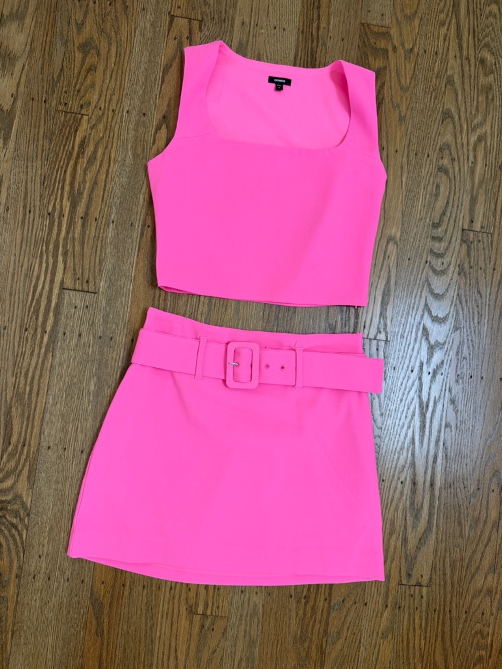 Express Neon Pink Cropped Tank & Belted Mini Skirt Set